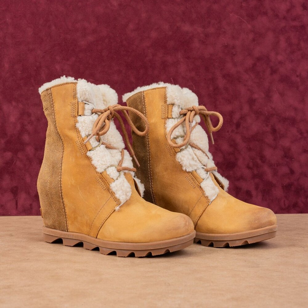 Sorel Women Joan Of Artic Wedge II Shearling Brown Nubuck Lace-up Ankle Boots sz